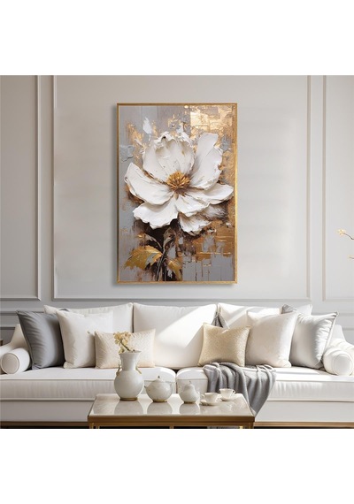 Yağlı Boya Dokulu Tablo Modern Tek Beyaz Çiçek Altın Çerçeveli U02018-178873