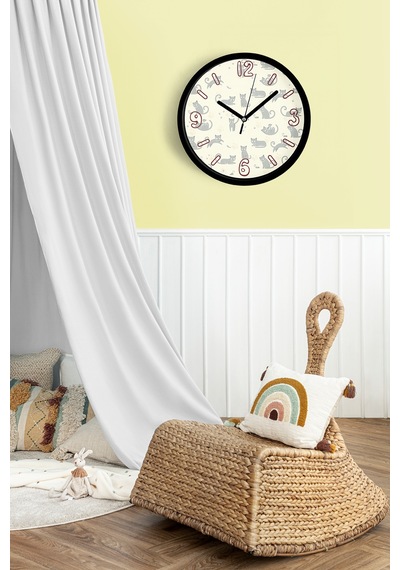 Kedi Tasarım Modern Duvar Saati - 25cm - Önü Camlı Siyah Kasa - Sessiz Mekanizma-jh0587 Siyah