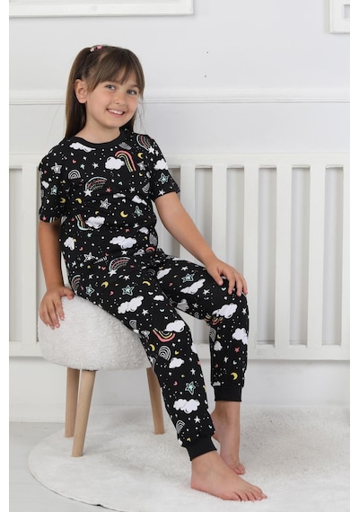 %100 Pamuk Gökkuşağı Desenli Kısa Kollu Manşetli Paça Kız Çocuk Pijama Takımı 3-8 Yaş Siyah %100 Pamuk Gökkuşağı Desenli Kısa Kollu Manşetli Paça Kız Çocuk Pijama Takımı 3-8 Yaş Siyah
