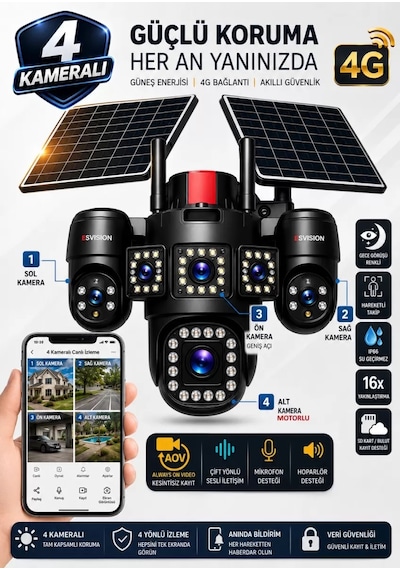 Esvision 7021 4 Kameralı 4g Çift Solar Panel 16x Zoom Dual Batarya Hieasy Aov Sürekli Kayıt Gece Görüş Çift Yönlü Ses Sim Kart