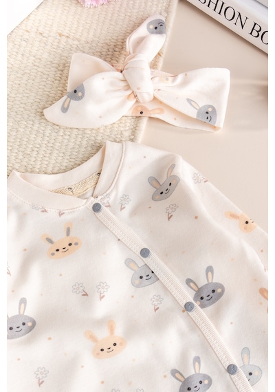 Baby Mod %100 Pamuklu Tavşan Desenli Bandanalı Kız Bebek Tulum Ekru