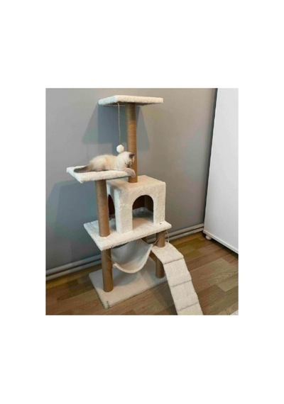 Pet B-07 Hamaklı Yuvalı Lüks Kedi Tırmalama Oyun Evi Beyaz