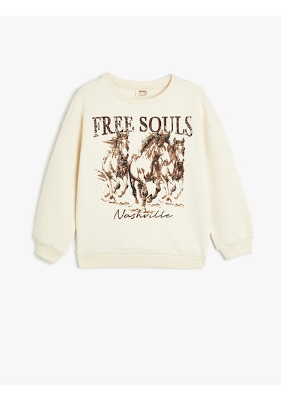 Koton Sweatshirt Uzun Kollu Bisiklet Yaka Baskı Detaylı Bej 5wkg10407ak Ekru