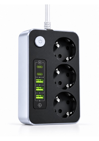 Akım Korumalı 3'lü Priz 2200w 1050j 10a Termal Korumalı 3 Usb 2 Type-c Şarj Girişli 0 - 2 M