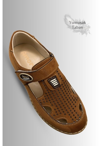 Sermoda Çocuk Sandalet - Cırtlı Süet Yumuşak Taban Erkek Çocuk Sandalet Taba