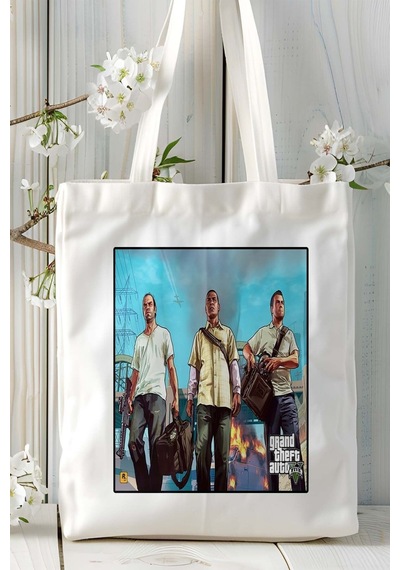 Art Hediye Grand Theft Auto Gta Oyun Baskılı Bez Çanta Omuz Çantası Kişiye Özel Model 11 Çok Renkli