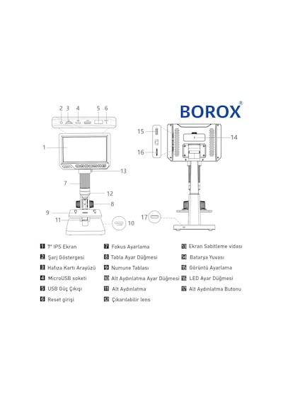 Borox Lab Dijital Mikroskop Çift Lens 2000x Büyütme 7'' 12 Mp