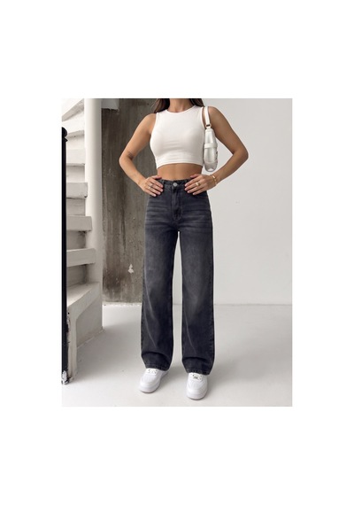 Kene Jeans Siyah İşlemli Yüksek Bel Straight Denim Pantolon Siyah İşlemli
