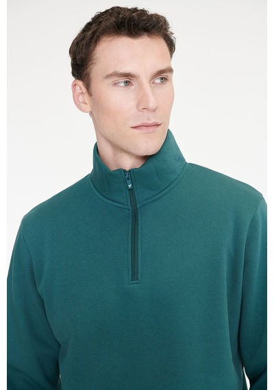 Ac&Co / Altınyıldız Classics Erkek Koyu Yesıl Standart Fit Normal Kesim İçi Polarlı Bato Yaka Pamuklu Sweatshirt