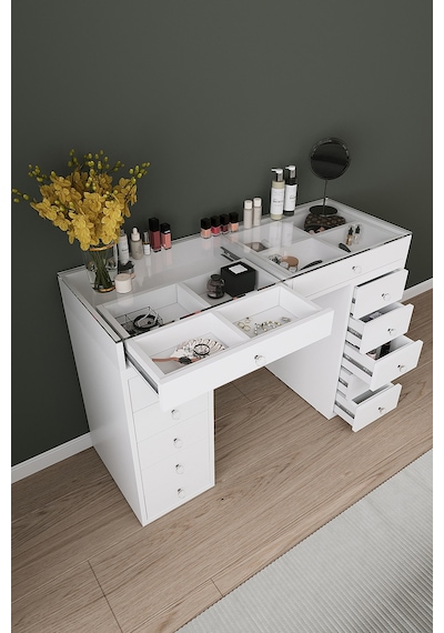 Df02116b Beyaz Geniş Organizer Bölmeli Çekmeceli Makyaj Masası 120 Cm Beyaz