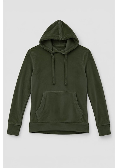 Markapia Kadın Kapüşonlu Cepli Yumuşak Kadife Dokulu Sweatshirt Haki