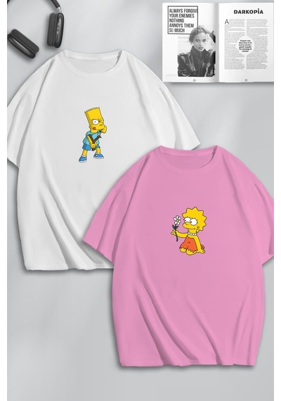 Unisex Kadın Erkek The Simpsons Baskılı Sevgili Çift Kombini Tasarım Oversize Tshirt 2li Pembebeyaz Mck0451 Çok Renkli