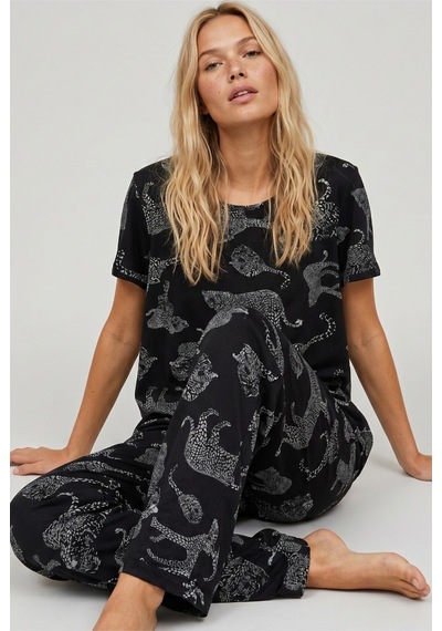 Siyah İnci Bisiklet Yaka Örme Pijama Takım Siyah Kaplan