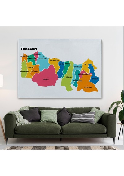 Trabzon İli Ve İlçeler Haritası Dekoratif Kanvas Tablo 1469 95 X 55