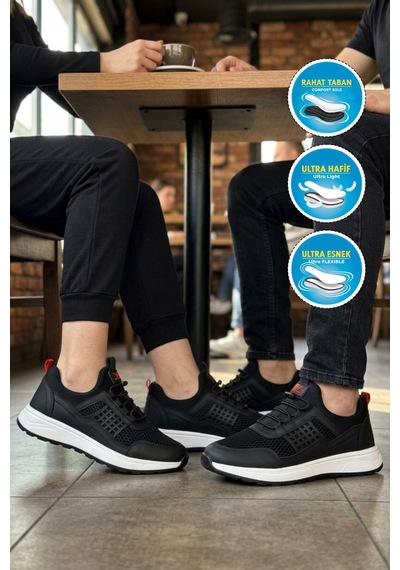 Walkway Siyah Beyaz Fileli Hafif Esnek Kilit Bağcıklı Unisex Spor Ayakkabı Motano G Siyah - Beyaz