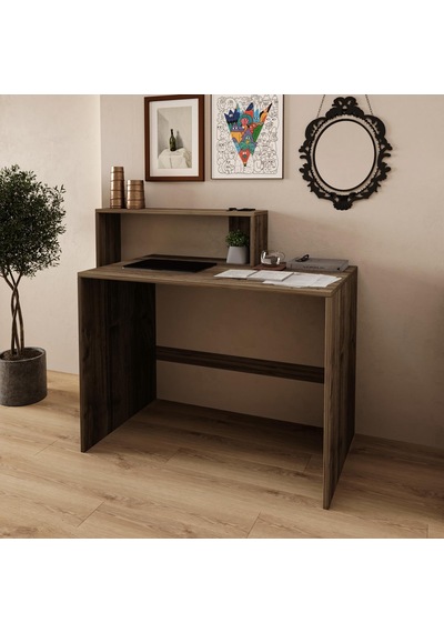 Amber Çalışma Masası Raflı, Modern Bilgisayar Masası, İstanbul Ceviz Çok Renkli