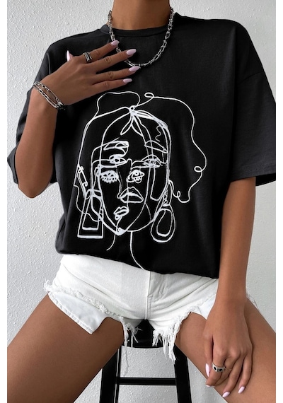 Flood Of Style Unisex Woman One Line Baskılı Tshirt Siyah