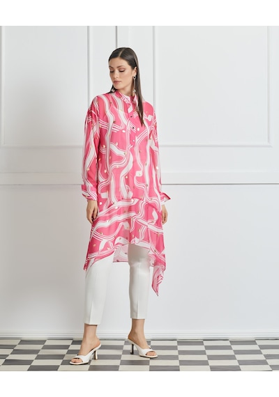 Serpil Exclusive Asimetrik Kesim Desenli Uzun Tunik Rahat Ve Şık Tasarım Pembe