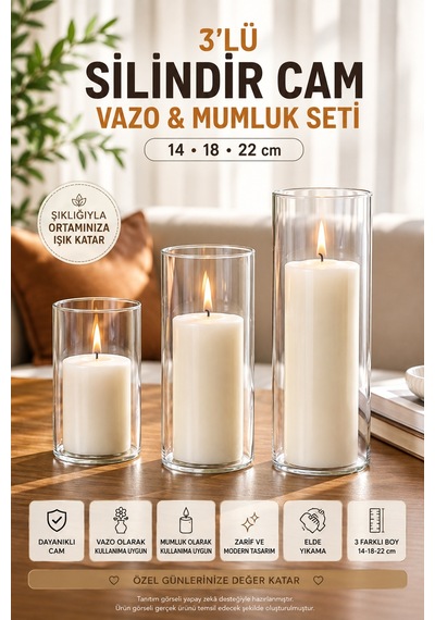 3'lü Silindir Cam Vazo Mumluk Seti 14-18-22 Cm Şeffaf Dekoratif Masa Salon Vazo Takımı