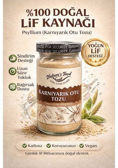 Karnıyarık Otu Tozu Psyllium 160g Yüksek Lif Sindirim & Bağırsak Dostu Glutensiz Doğal Tokluk Desteği 1 adet