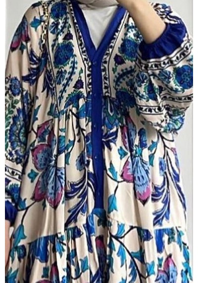 Ladies First Büyük Beden Doğal Kumaştan 9017-d03 Desenli Pamuk Elbise 001