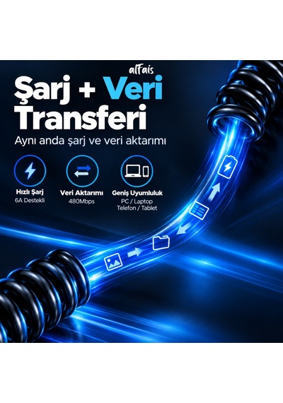 Alfais 6047 Usb Hızlı Telefon Data Şarj Kablosu 120w 3in1 Spiral Yaylı Type C Micro Lightning Veri