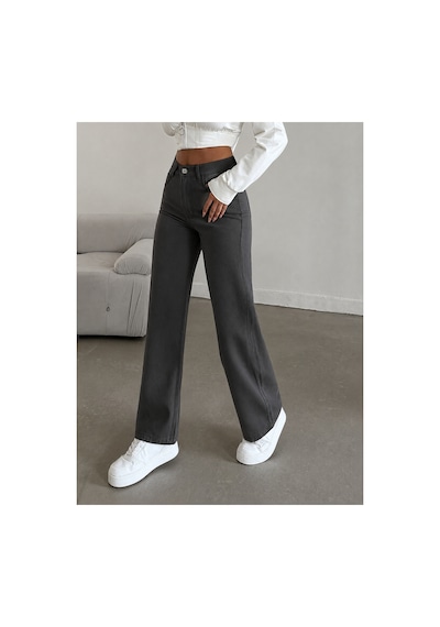 Kene Jeans Yüksek Bel Füme Keten Bol Paça Tam Kalıp Pantolon Füme