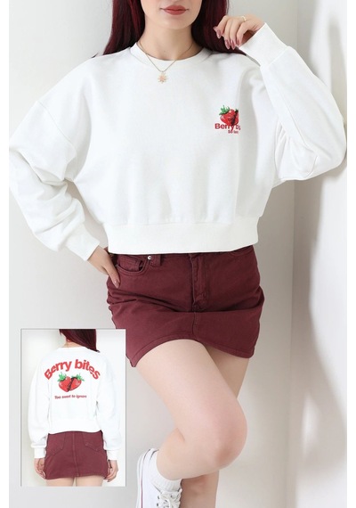 Modi Quzu Çilek Baskılı Sweatshirt Beyaz - 75365.2002. 2beyaz