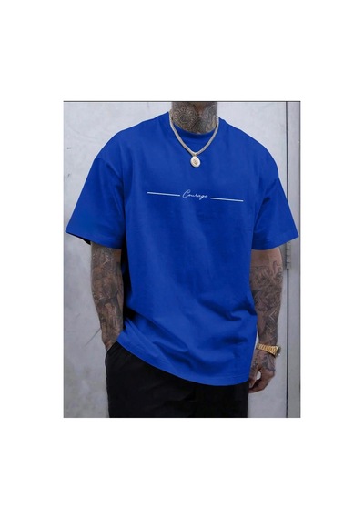 Medinenur Cousage Yazı Detaylı Basic T-shirt Mavi