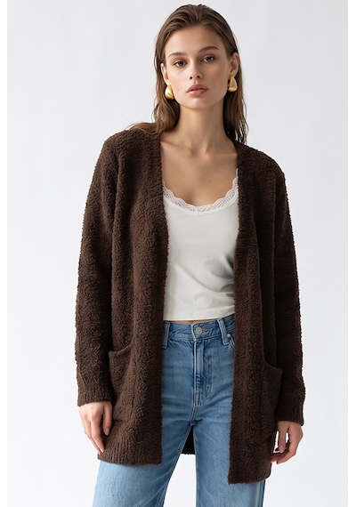 Mixray 7069 Kadın Buklet Dokulu Cepli Oversize Triko Hırka Kahve