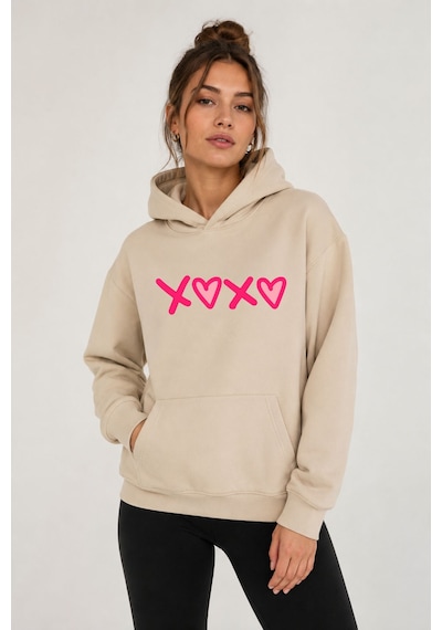 Herkesemoda Xoxo Baskılı Kapüşonlu 2 İplik Şardonlu Sweatshirt Bej
