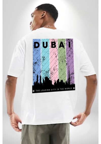 Dubai Şehir Silüeti Renkli Şehir Beyaz Oversize Unisex Ön Ve Sırt Baskılı Tişört Beyaz