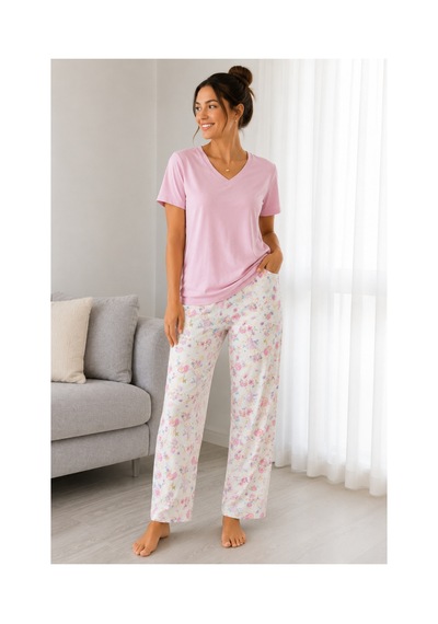 Mixxtrend Kadın Pamuklu Çiçekli Pijama Takımı Pembe