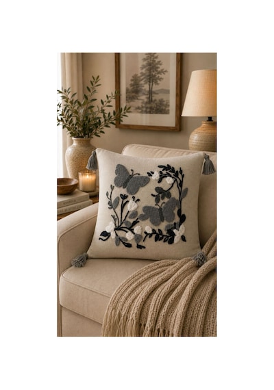 Punch Nakışlı Kırlent Kılıfı 45x45 Cm Kırlangıç Home Çapa Çiçek Desenli Gri Kelebek