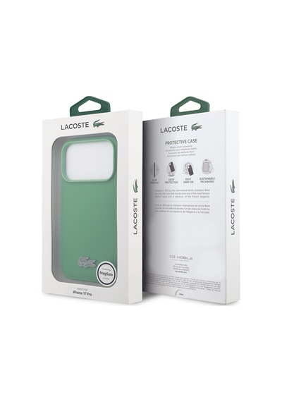 Apple Uyumlu iPhone 18 Pro Kılıf Lacoste Lisanslı M-safe Şarj Özellikli Pu Pike Desenli Metal Logolu Kapak Yeşil