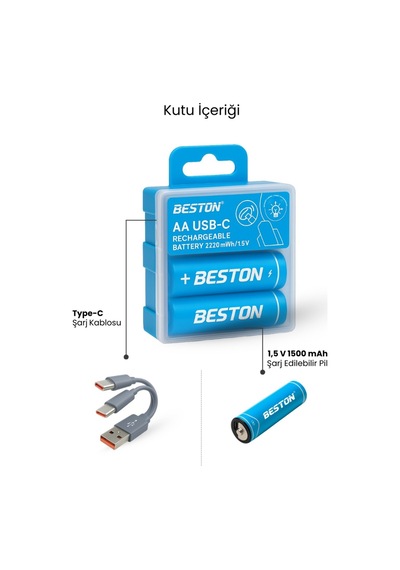 Beston Usb Type-c Kablo İle Şarj Edilebilir Lityum 2'li Kalem Pil 1.5v Aa / 2220 Mwh 500mah