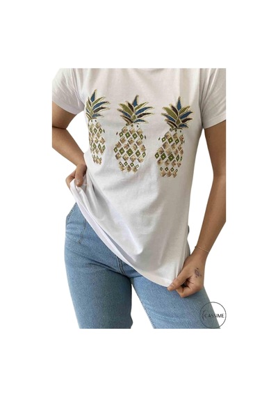Cassime Kadın Büyük Ananas Pul Payet Işlemeli %100 Pamuk Kısa Kollu V-yaka Tişört Xl-2xl-3xl Beyaz Cassime Kadın Büyük Ananas Pul Payet Işlemeli %100 Pamuk Kısa Kollu V-yaka Tişört Xl-2xl-3xl Beyaz