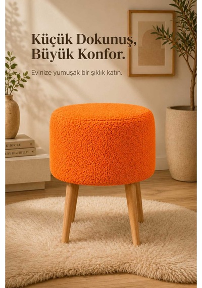 Pufly Peluş Çok Amaçlı Dekoratif Puf Koltuk Dekoratif Puf Ahşap Ayaklı Puf 35 Çap Turuncu Turuncu 4