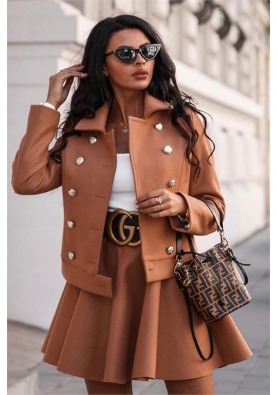 Dip Moda Kadın Skuba Süet Astarlı Etek Ceket İkili Takım Dpnbemp1156 Camel