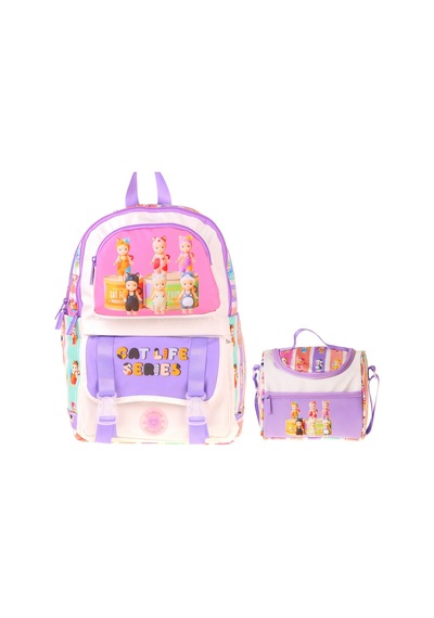 Kaukko Kids Cat Life Kız Çocuk Mor - Krem İlkokul Sırt Çantası Ve Beslenme Çanta Seti - Setkk-l5313b