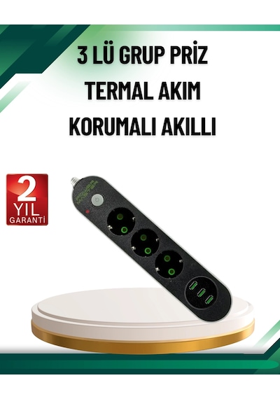 Mey İthalat Akım Korumalı Anahtarlı Usb Girişli Üçlü Priz