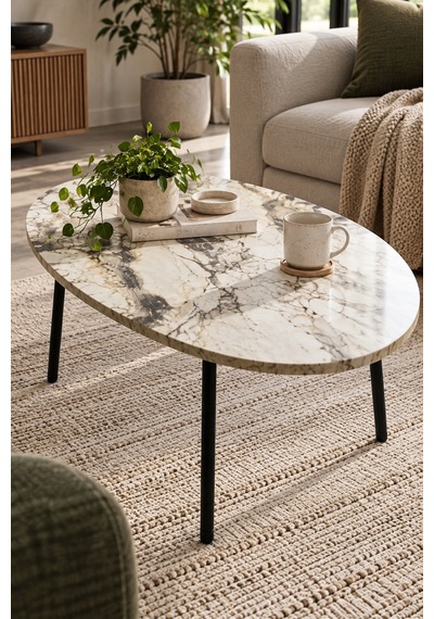 Sulorahome Metal Ayaklı Oval Orta Sehpa Efes Beyaz Mermer Desenli Beyaz - Mermer