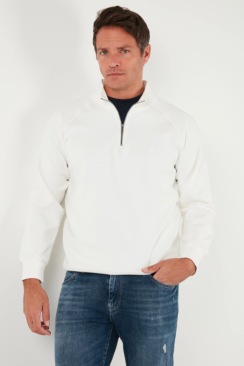 Buratti Pamuklu Relaxed Fit Yarım Fermuarlı Dik Yaka Erkek Sweat 5901232 Ekru