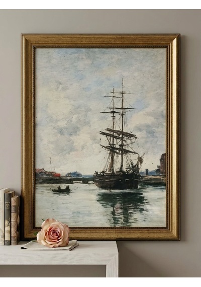 Gold Vintage 60x80 Çerçeveli Tablo - Klasik Marin Yelkenli Gemi Yağlı Boya Görünümlü 50x70cm Dokulu Baskı Deniz Temalı Lüks Duvar Sanatı