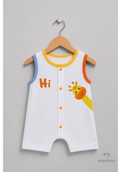 Babyden's Erkek Bebek Tulum Yazlık Pamuklu Şortlu Çıtçıtlı Zürafa Baskılı Bebek Tulumu Yenidoğan Bebek Giyim 0-9 Ay Beyaz