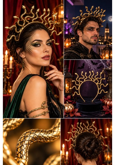 Halloween Gold Medusa Yılan Figürlü Saç Tacı Cadılar Bayramı Kostüm Partileri İçin Baş Aksesuarı