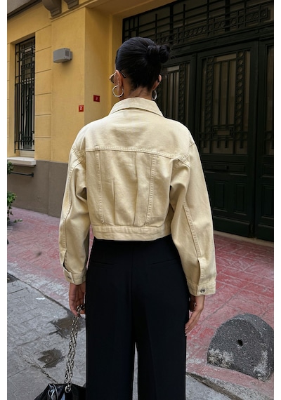 Bej Çift Cep Denim Crop Ceket Bcdf-255419 Çok Renkli