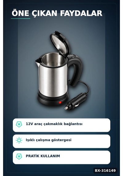 Araç İçi Su Isıtıcı Kettle 12v Çakmaklık Girişli Çelik Gövdeli Termos Kupa Bx-316149