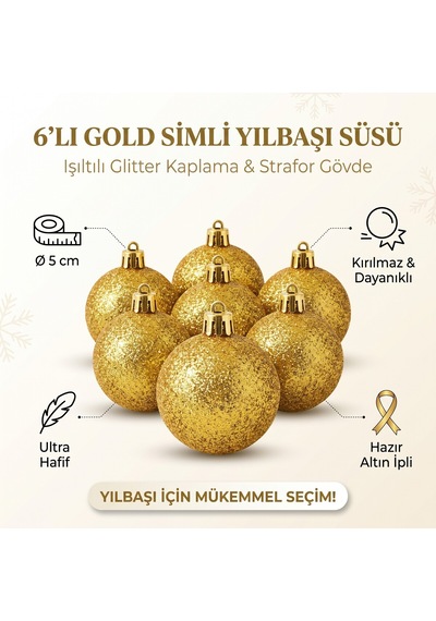 6'lı Simli Yılbaşı Ağaç Süsü Topu 5 Cm - Kar Topu Süsleme Seti - 9016437729910 Diğer