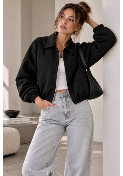 Bb Butik Basic Mevsimlik Fermuarlı Bomber Ceket Oversize Rahat Kalıp Fs3434 Siyah